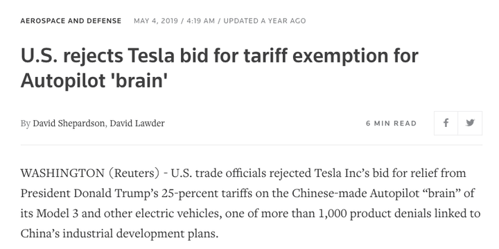 特斯拉控诉：再打关税战我要成靶子了