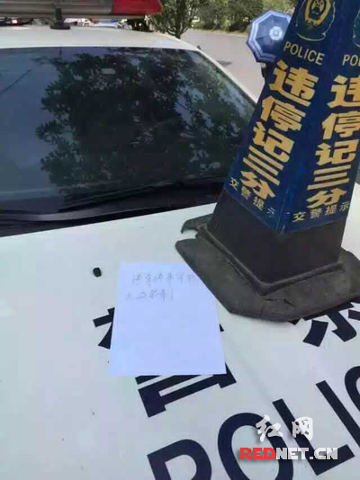 女子违停被贴罚单后爬上警车引擎盖